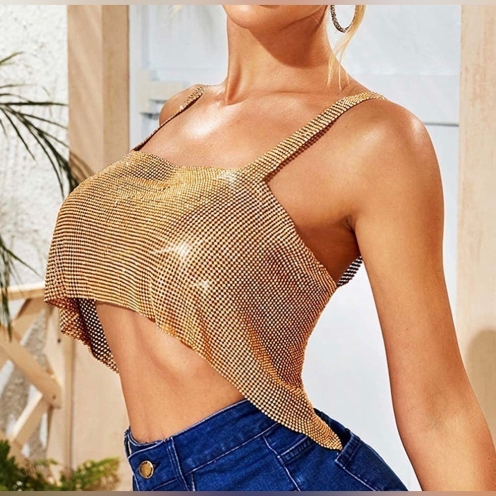 Crystal Crop Top Gold Sparkly Sequin Halter Top Rhinestone Backless Sleeveless